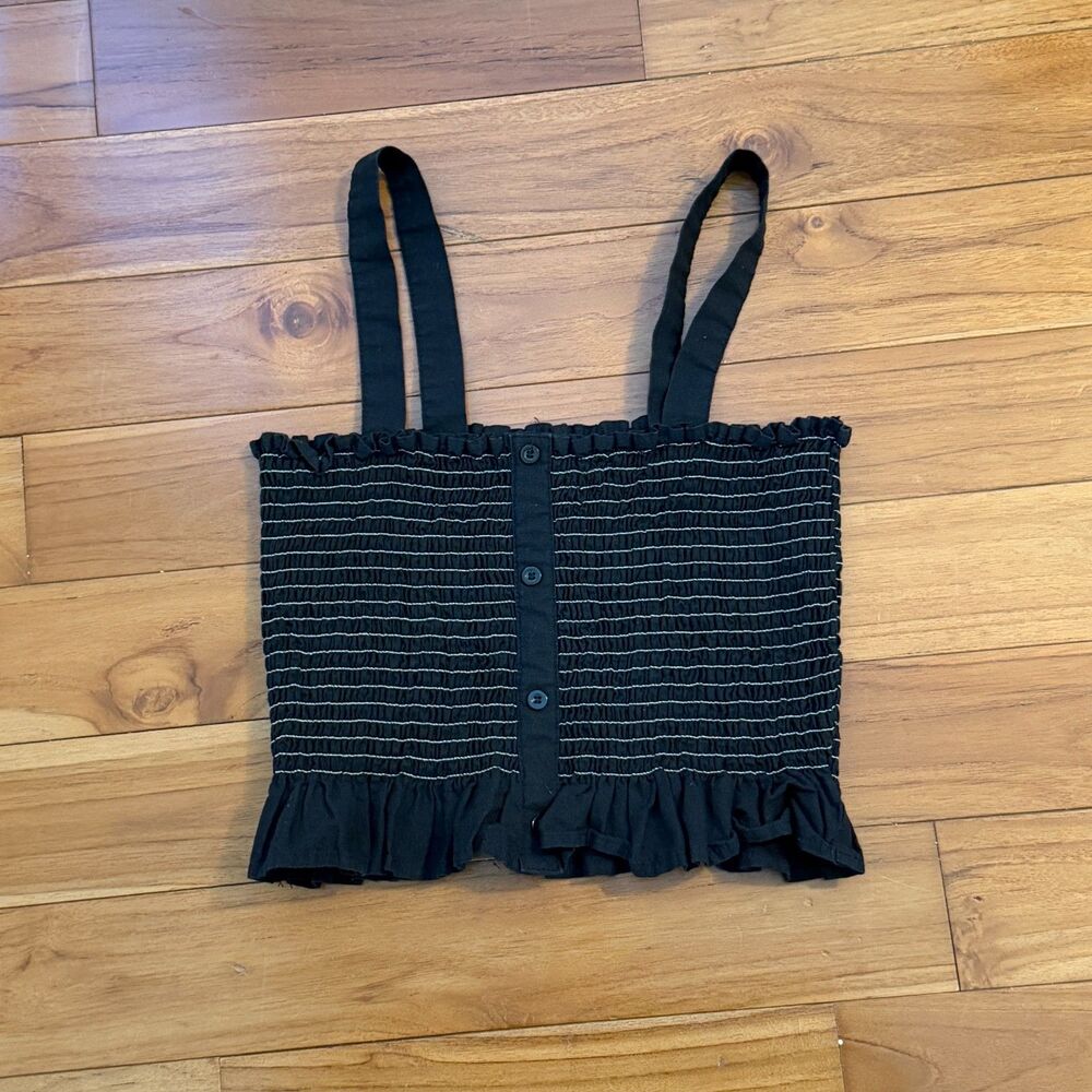 Wome URBAN OUTFITTERS Shirred Crop Top Stretch Knit Cropped Top in Black Medium - Picture 2 of 7
